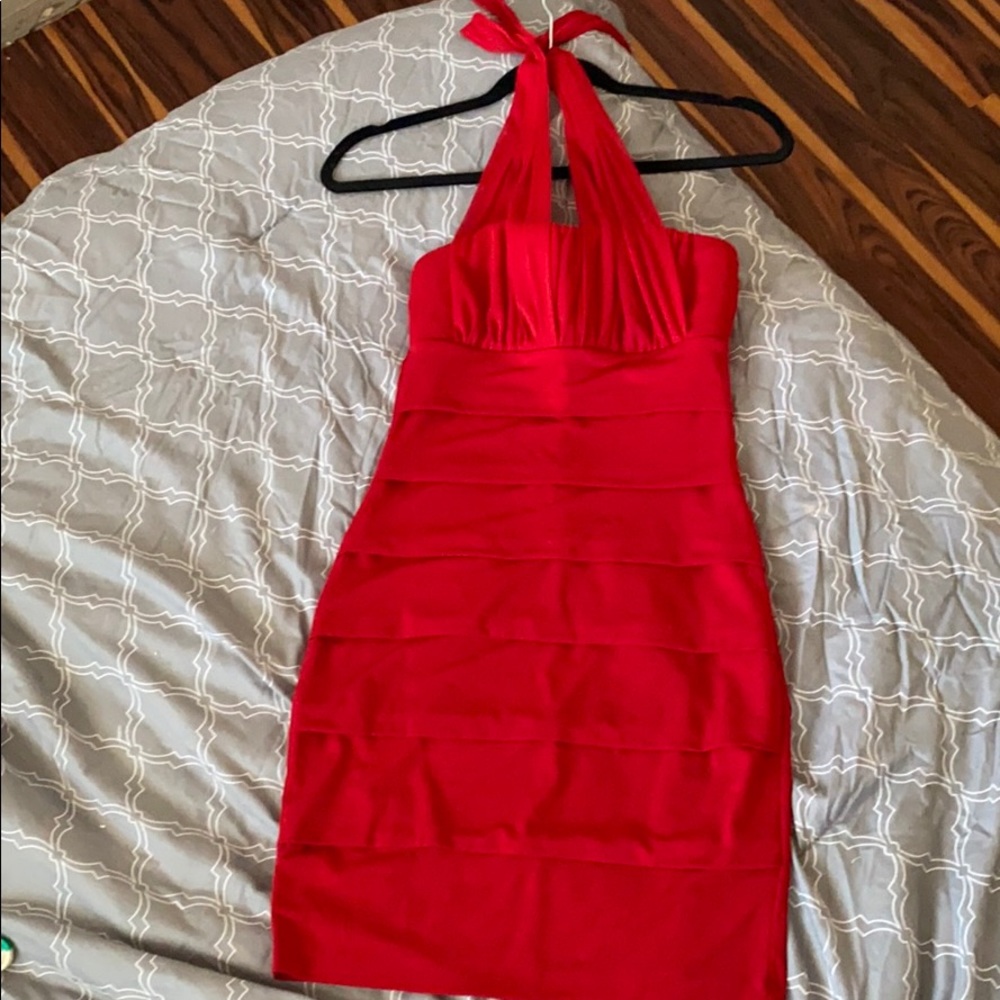 Red body con dress